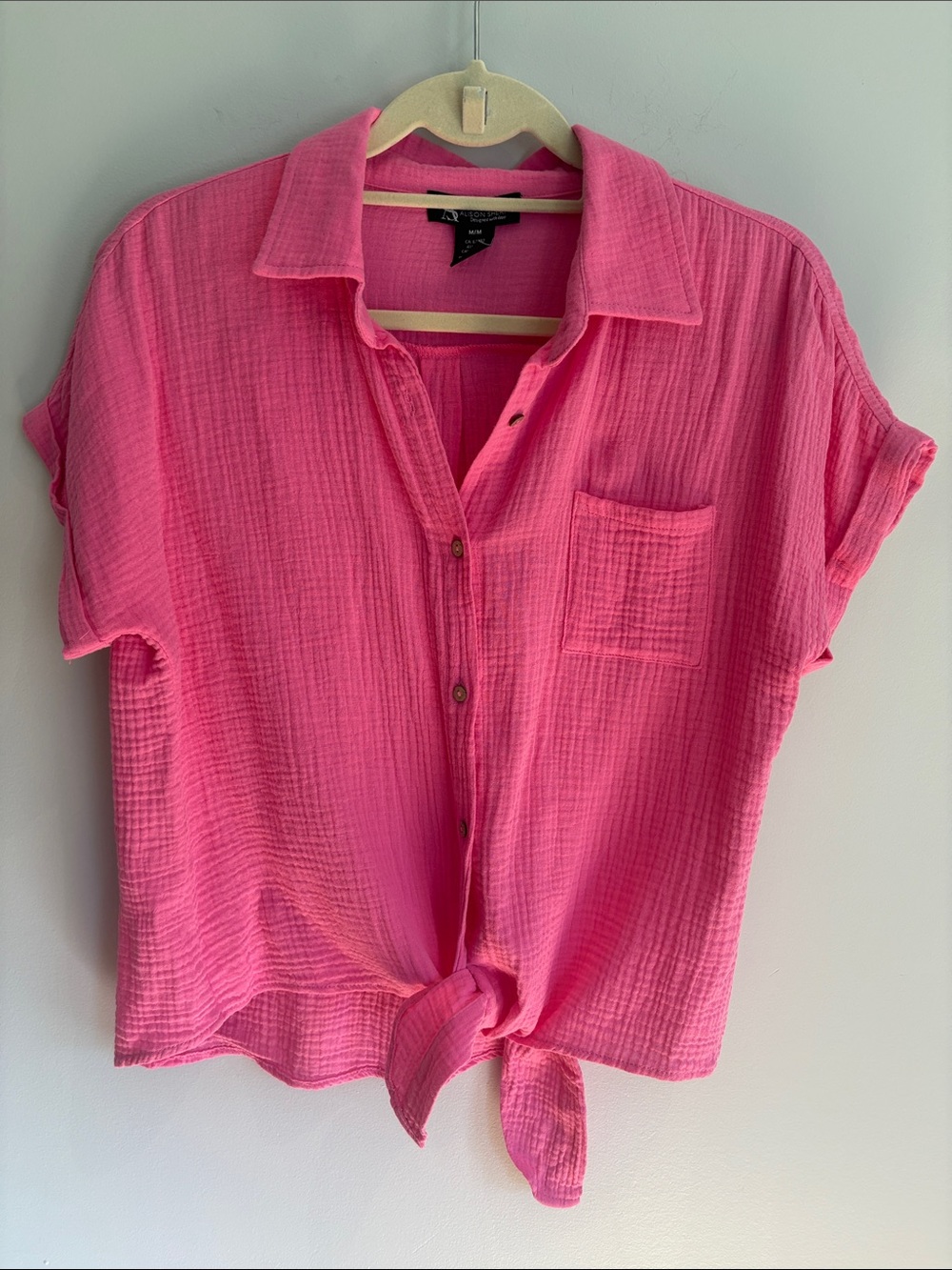 Women's Button-Down Tie-Front Shirt in Bright Pink